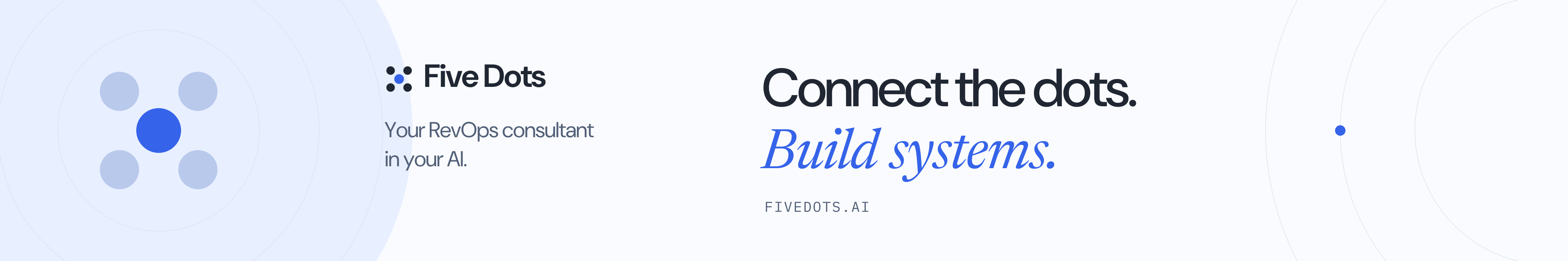 Bannière LinkedIn Five Dots en anglais : Connect the dots. Build systems. Your RevOps consultant in your AI.